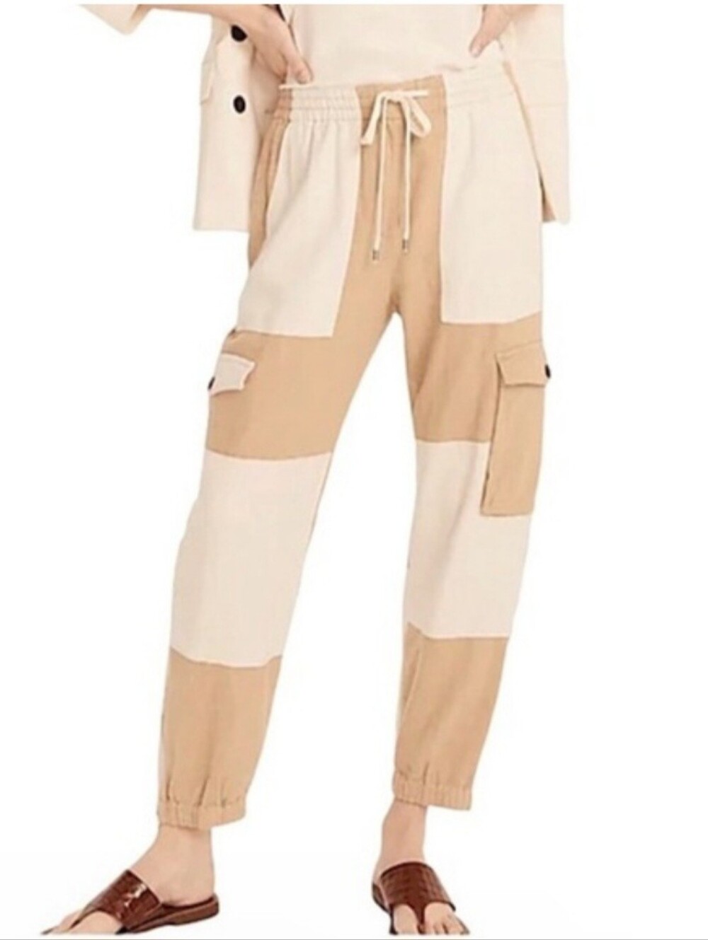 J. Crew Colorblock Linen Tie Waist Cargo Joggers Cream Tan Elastic Tie Waist
